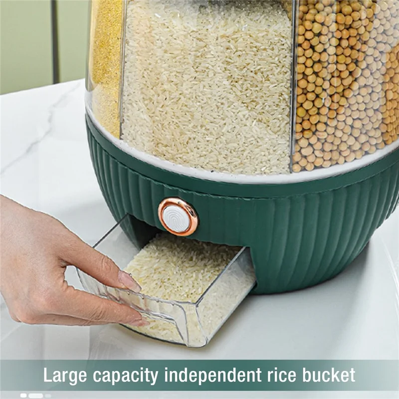 10KG Rotating Cereal Dispenser PET Food Container 6 Compartments Airtight Moisture Proof Grain Bucket (No FDA, BPA Free) - Blackish Green