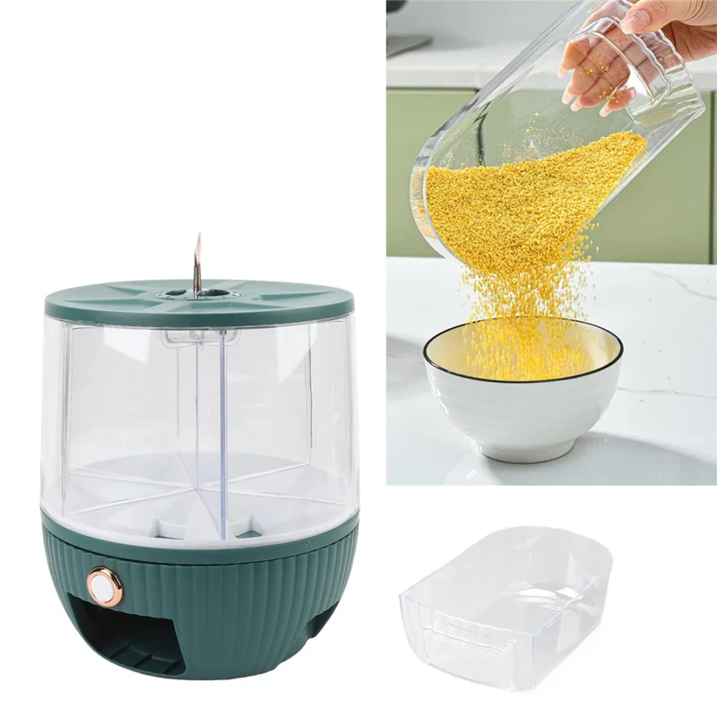 10KG Rotating Cereal Dispenser PET Food Container 6 Compartments Airtight Moisture Proof Grain Bucket (No FDA, BPA Free) - Blackish Green