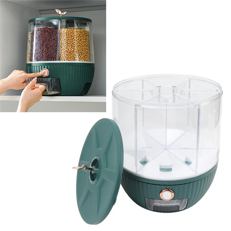 10KG Rotating Cereal Dispenser PET Food Container 6 Compartments Airtight Moisture Proof Grain Bucket (No FDA, BPA Free) - Blackish Green