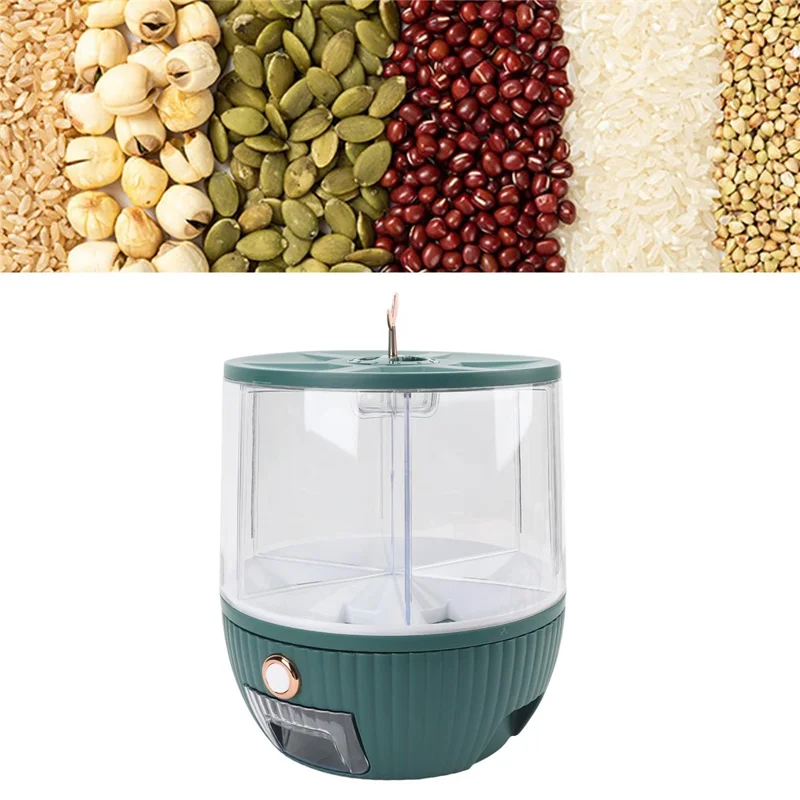 10KG Rotating Cereal Dispenser PET Food Container 6 Compartments Airtight Moisture Proof Grain Bucket (No FDA, BPA Free) - Blackish Green