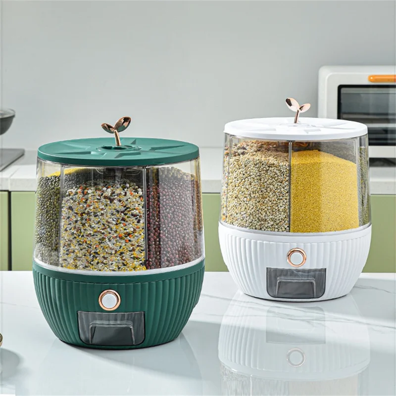 10KG Rotating Cereal Dispenser PET Food Container 6 Compartments Airtight Moisture Proof Grain Bucket (No FDA, BPA Free) - Blackish Green