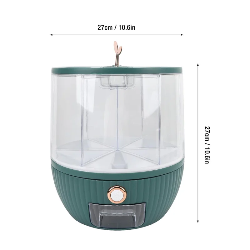 10KG Rotating Cereal Dispenser PET Food Container 6 Compartments Airtight Moisture Proof Grain Bucket (No FDA, BPA Free) - Blackish Green