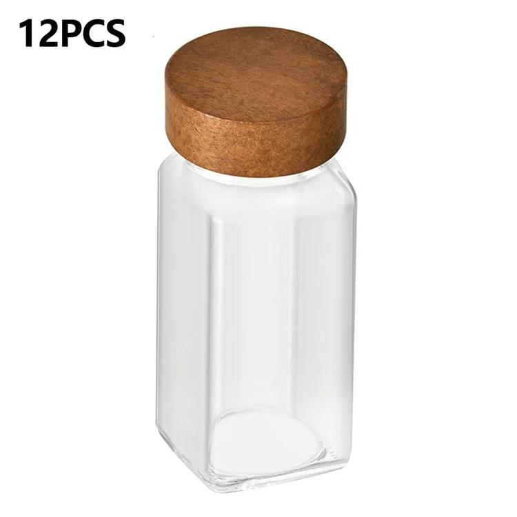 12 pezzi da 4 once Barattoli di vetro quadrati per spezie trasparenti Contenitore per condimenti con coperchio in legno (Senza FDA, senza BPA)
