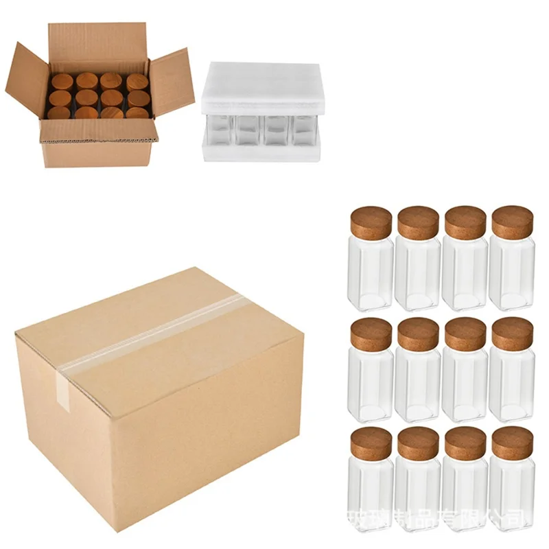 12 pezzi da 4 once Barattoli di vetro quadrati per spezie trasparenti Contenitore per condimenti con coperchio in legno (Senza FDA, senza BPA)