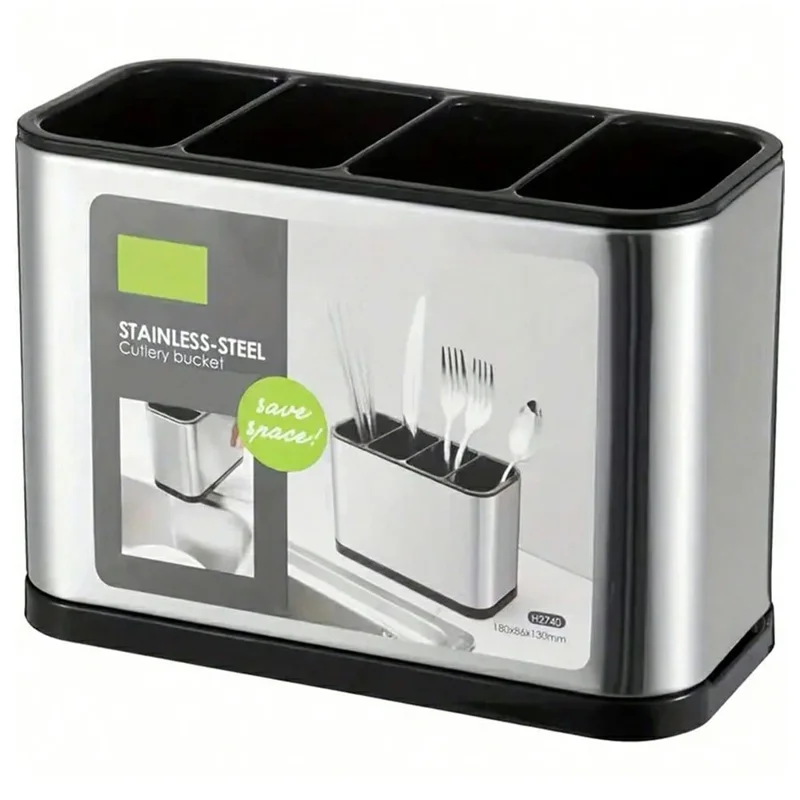 Stainless Steel Shell Kitchen Utensil Holder 4 Grids Cutlery Organizer Non Slip Drainage Bucket
