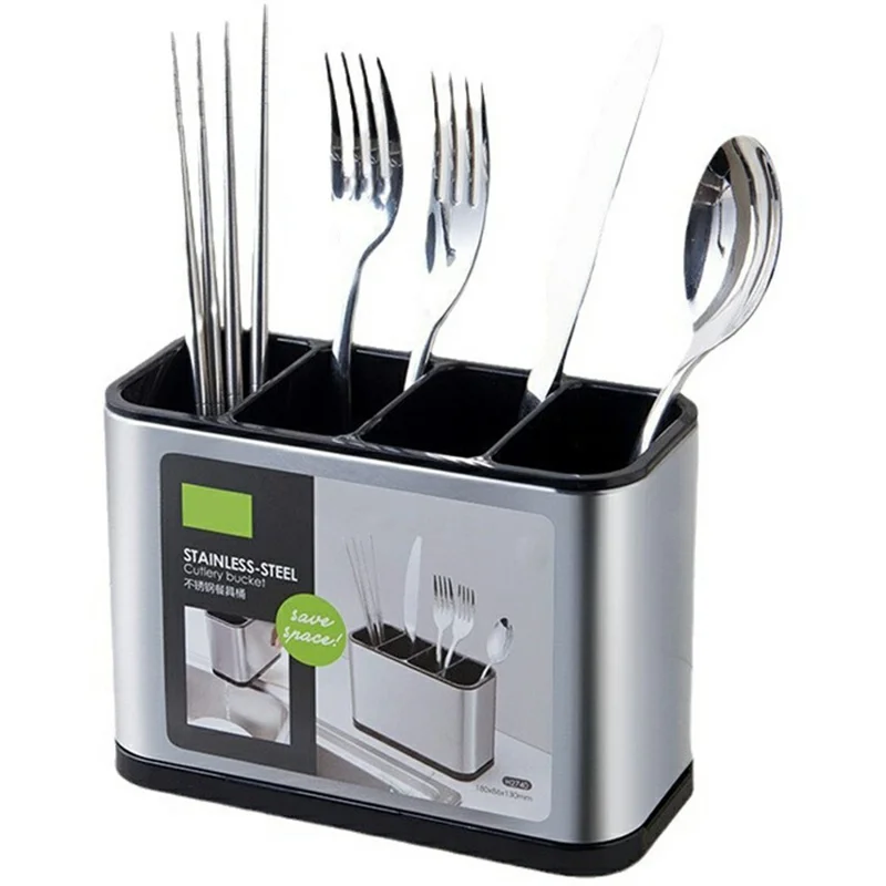 Stainless Steel Shell Kitchen Utensil Holder 4 Grids Cutlery Organizer Non Slip Drainage Bucket