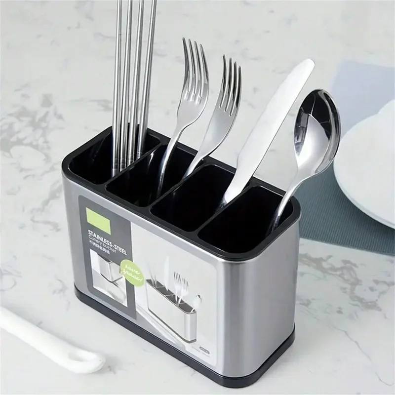 Stainless Steel Shell Kitchen Utensil Holder 4 Grids Cutlery Organizer Non Slip Drainage Bucket