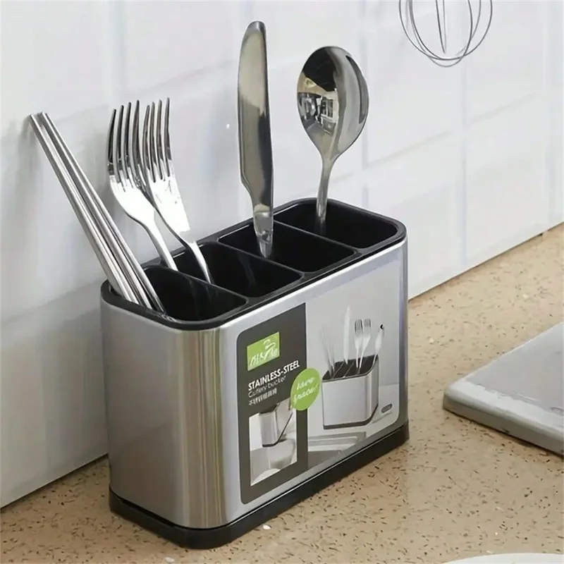 Stainless Steel Shell Kitchen Utensil Holder 4 Grids Cutlery Organizer Non Slip Drainage Bucket