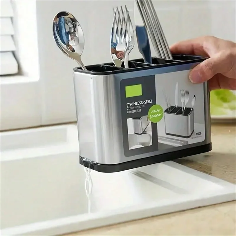 Stainless Steel Shell Kitchen Utensil Holder 4 Grids Cutlery Organizer Non Slip Drainage Bucket