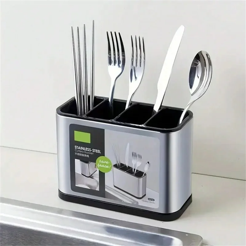 Stainless Steel Shell Kitchen Utensil Holder 4 Grids Cutlery Organizer Non Slip Drainage Bucket