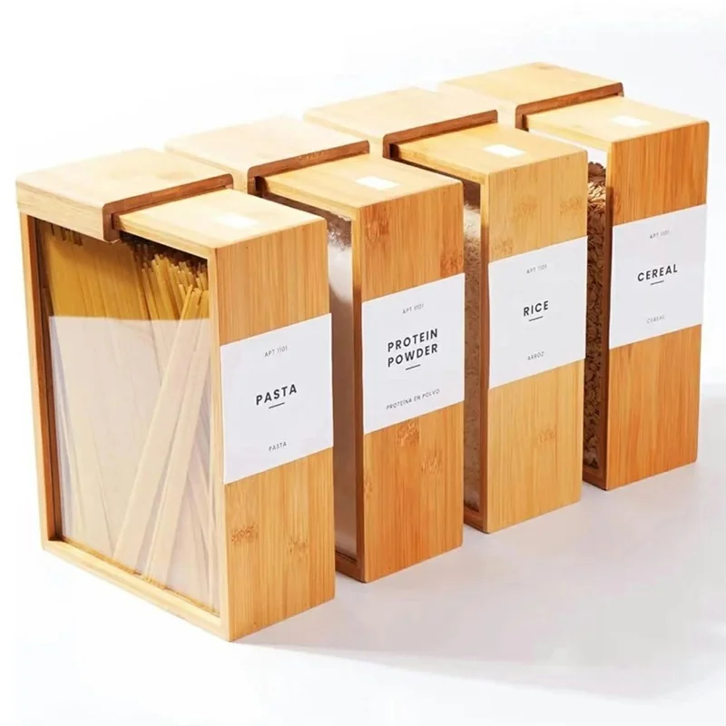 Bamboo Wood Food Storage Container 3L Capacity Cereal Dispenser Grain Bucket (BPA-Free, NO FDA Certificate)