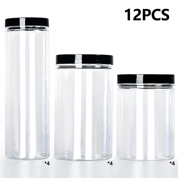 12Pcs / Set 467ML  /  1L  /  1.43L Food Grade Plastic Round Jars with Lids Airtight Containers (BPA Free, No FDA)