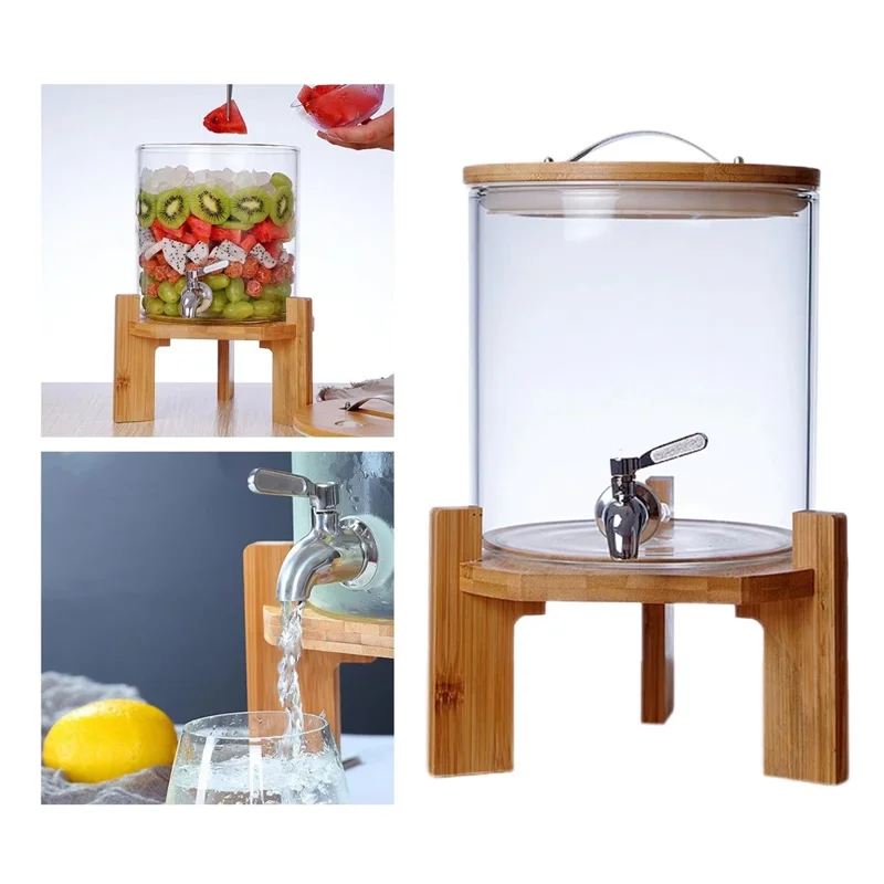5L Infuseur à jus en verre borosilicaté transparent avec robinet et base en bois (sans BPA, pas d'approbation FDA)