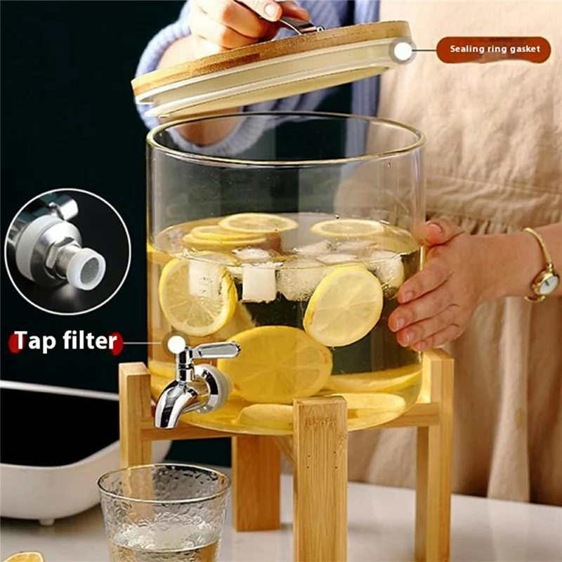 5L Infuseur à jus en verre borosilicaté transparent avec robinet et base en bois (sans BPA, pas d'approbation FDA)