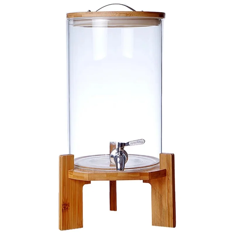 Dispensador de bebidas de vidro borossilicato transparente de 7,5 L com torneira e base de madeira (livre de BPA, sem FDA)