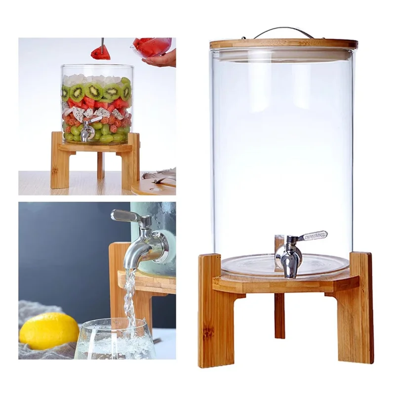 Dispensador de bebidas de vidro borossilicato transparente de 7,5 L com torneira e base de madeira (livre de BPA, sem FDA)