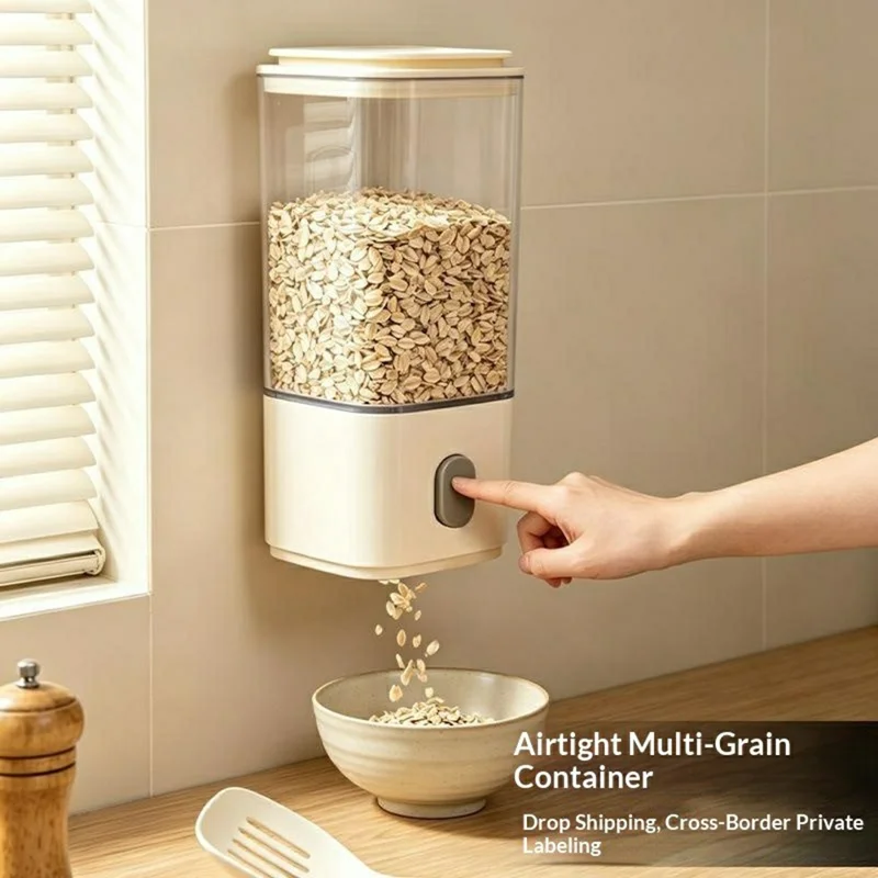 Size L Plastic Wall Mounted Airtight Grain Storage Container with Press Dispenser (BPA Free, No FDA)