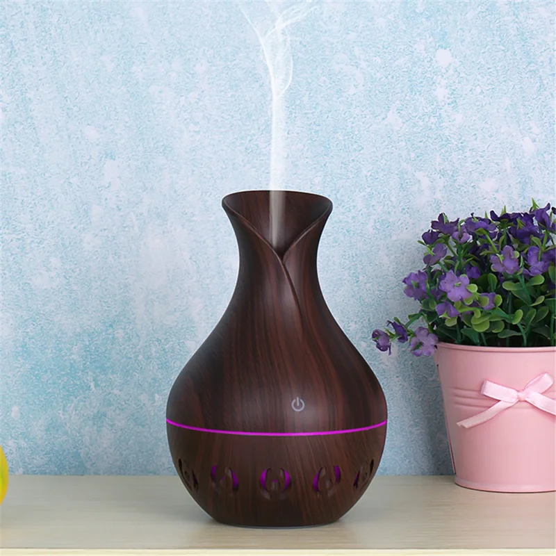 Hollow Design Vase Colorful Night Light Office Home Aroma Humidifier 130ml - Black/US Plug