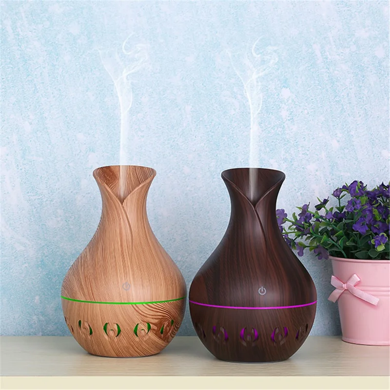 Hollow Design Vase Colorful Night Light Office Home Aroma Humidifier 130ml - Black/US Plug