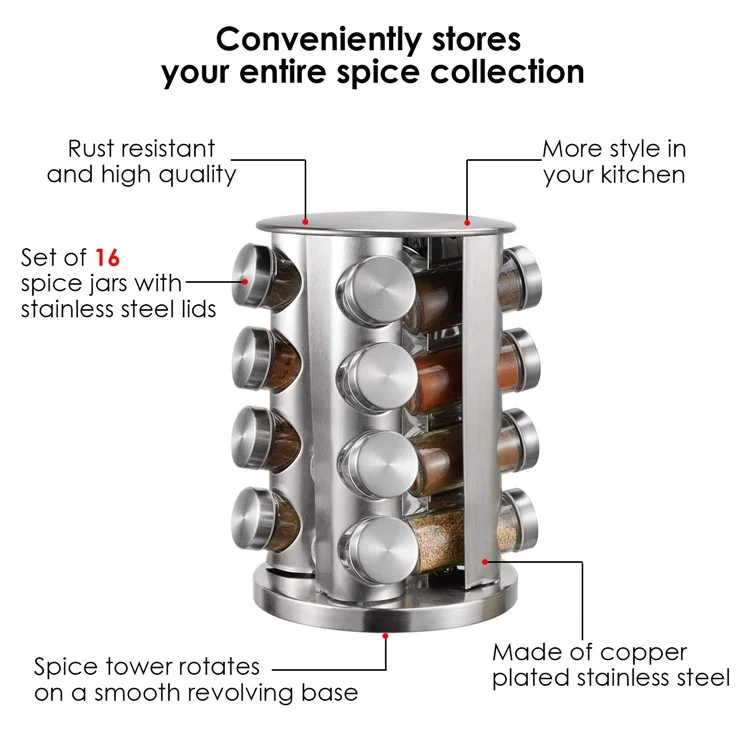 16Pcs Clear Glass Spice Jar Set with 360 Degree Rotating Base Kitchen Condiment Container (BPA Free, No FDA)