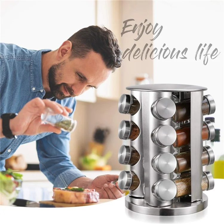 16Pcs Clear Glass Spice Jar Set with 360 Degree Rotating Base Kitchen Condiment Container (BPA Free, No FDA)