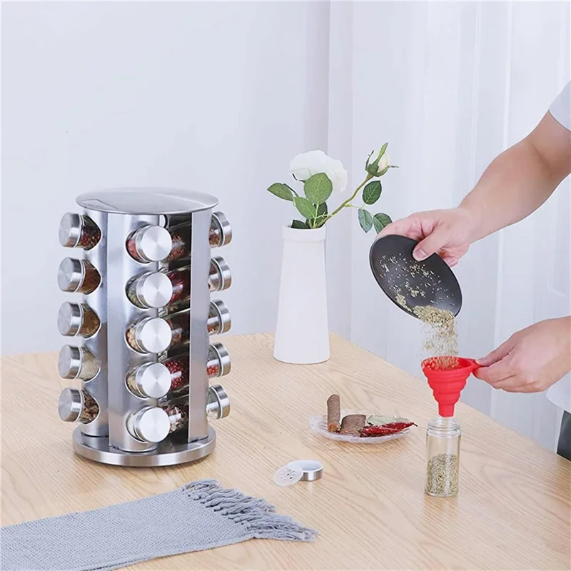 20Pcs Clear Glass Spice Jar Set with 360 Degree Rotating Base Kitchen Condiment Container (BPA Free, No FDA)