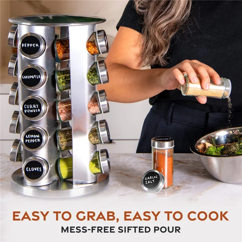 20Pcs Clear Glass Spice Jar Set with 360 Degree Rotating Base Kitchen Condiment Container (BPA Free, No FDA)