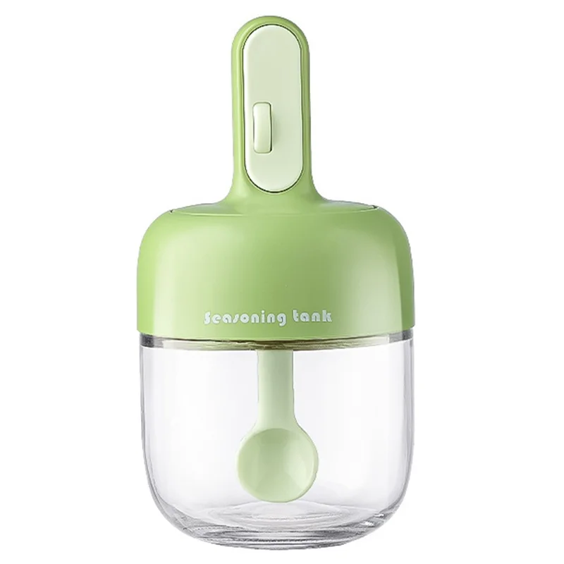 Kitchen Seasoning Container with Integrated Spoon Moisture Proof Glass Sealed Spice Jar (BPA Free, No FDA) - Green