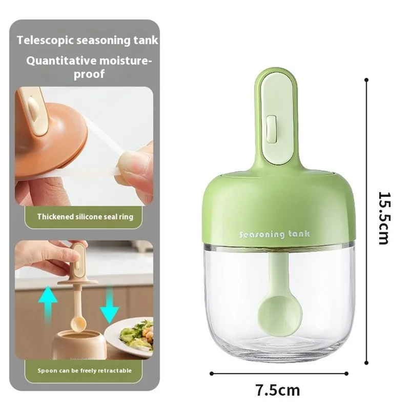 Kitchen Seasoning Container with Integrated Spoon Moisture Proof Glass Sealed Spice Jar (BPA Free, No FDA) - Green
