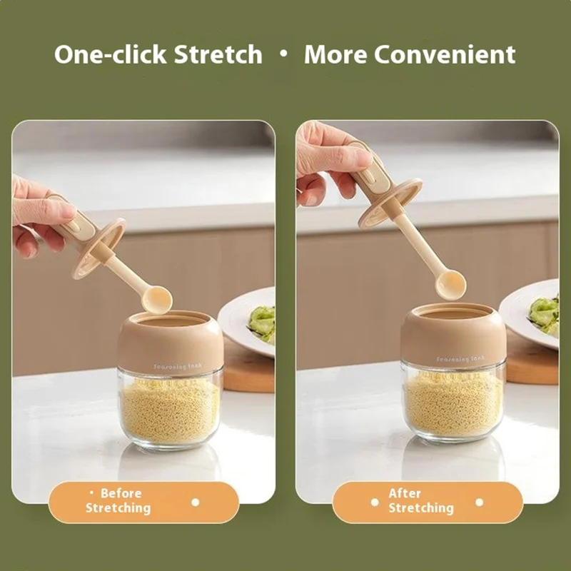 Kitchen Seasoning Container with Integrated Spoon Moisture Proof Glass Sealed Spice Jar (BPA Free, No FDA) - Green