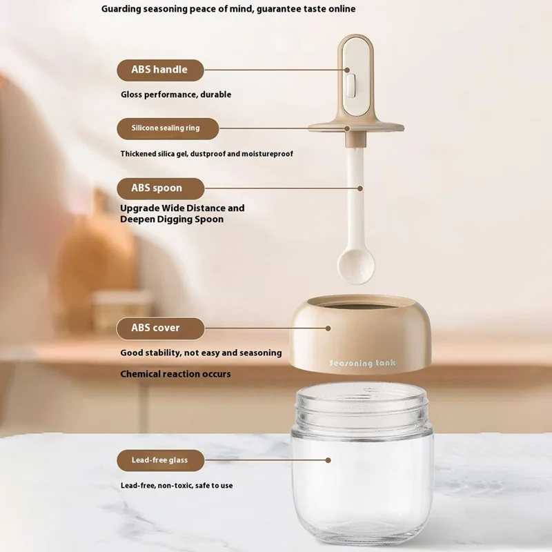 Kitchen Seasoning Container with Integrated Spoon Moisture Proof Glass Sealed Spice Jar (BPA Free, No FDA) - Green