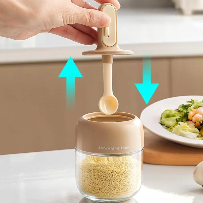 Kitchen Seasoning Container with Integrated Spoon Moisture Proof Glass Sealed Spice Jar (BPA Free, No FDA) - Green