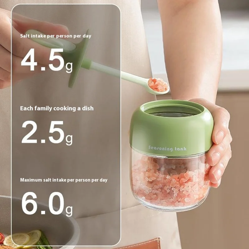 Kitchen Seasoning Container with Integrated Spoon Moisture Proof Glass Sealed Spice Jar (BPA Free, No FDA) - Green