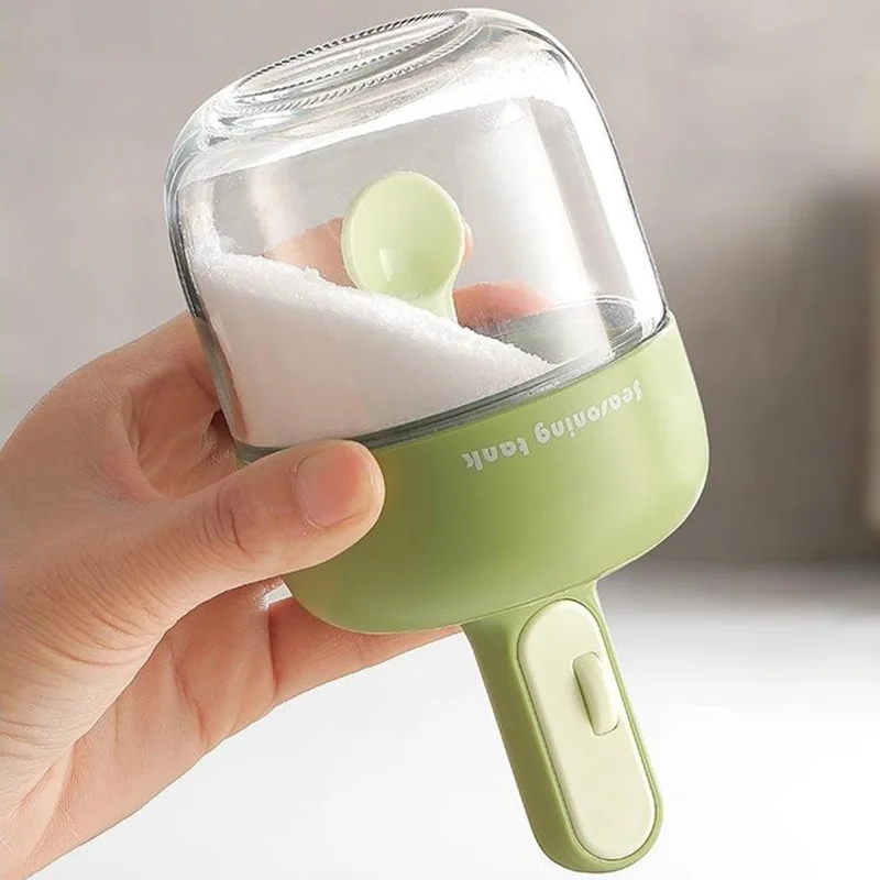 Kitchen Seasoning Container with Integrated Spoon Moisture Proof Glass Sealed Spice Jar (BPA Free, No FDA) - Green