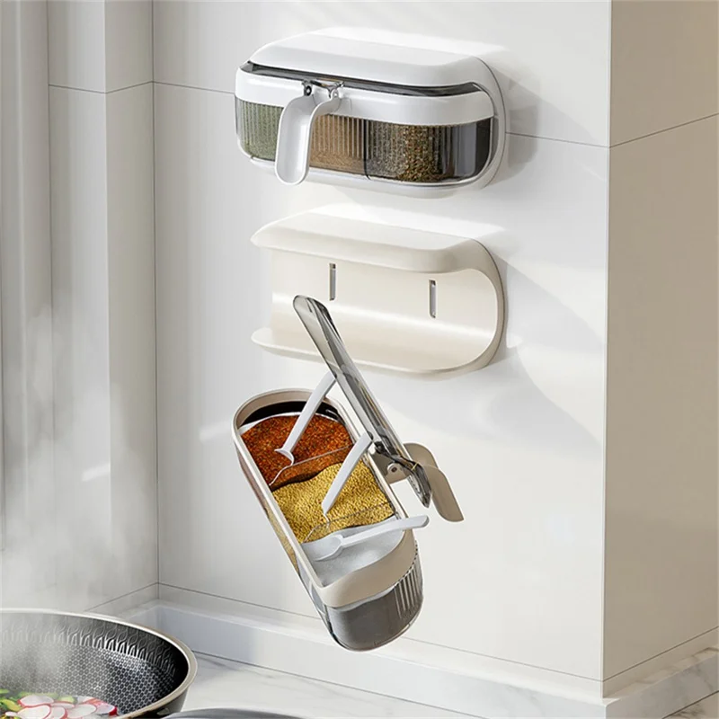 Spice Rack Wall Mounted No Drill Kitchen Organizer Multi-Functional Seasoning Container Set with Sealed Lids - White