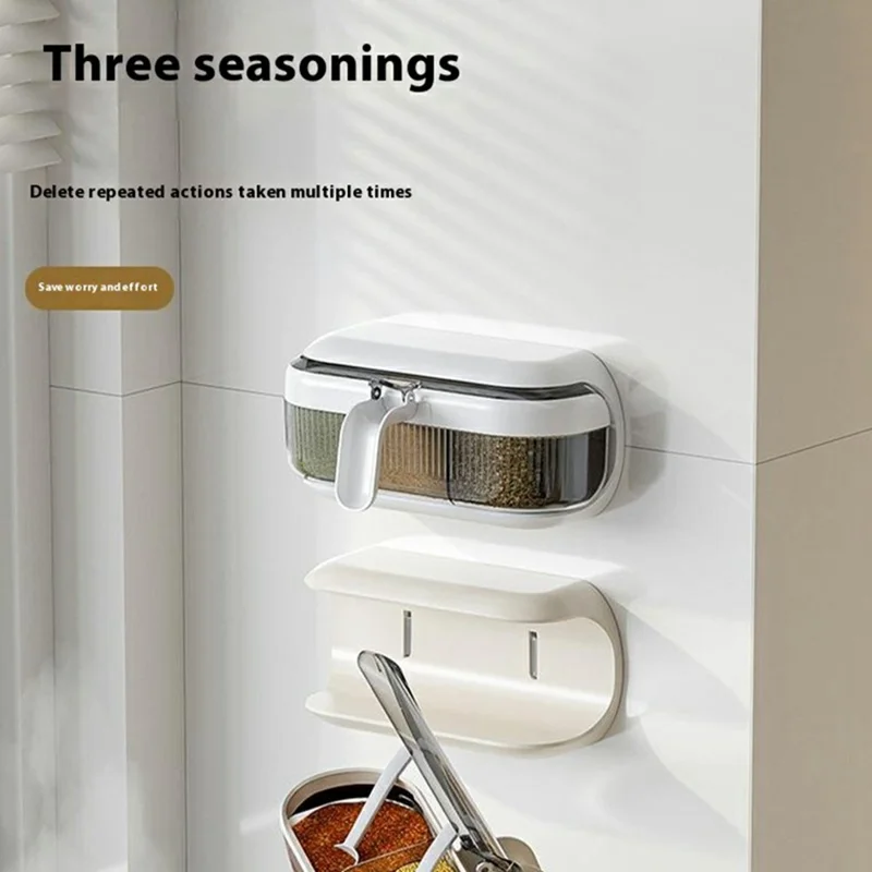 Wall Mounted Spice Rack Organizer No Drill Kitchen Seasoning Container 3 Compartments Multi-Function Storage Box - White