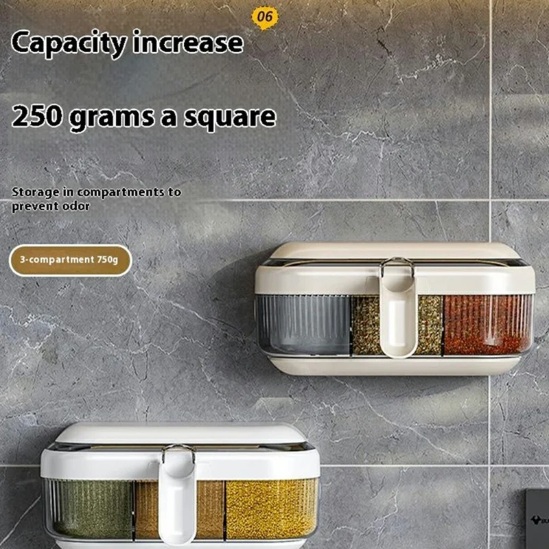 Wall Mounted Spice Rack Organizer No Drill Kitchen Seasoning Container 3 Compartments Multi-Function Storage Box - White