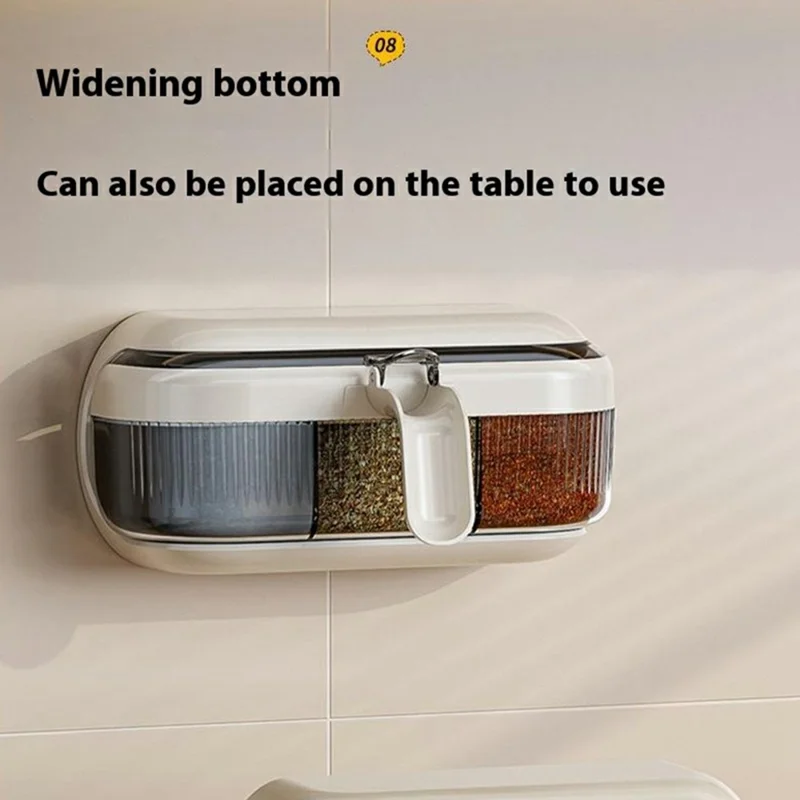 Wall Mounted Spice Rack Organizer No Drill Kitchen Seasoning Container 3 Compartments Multi-Function Storage Box - White