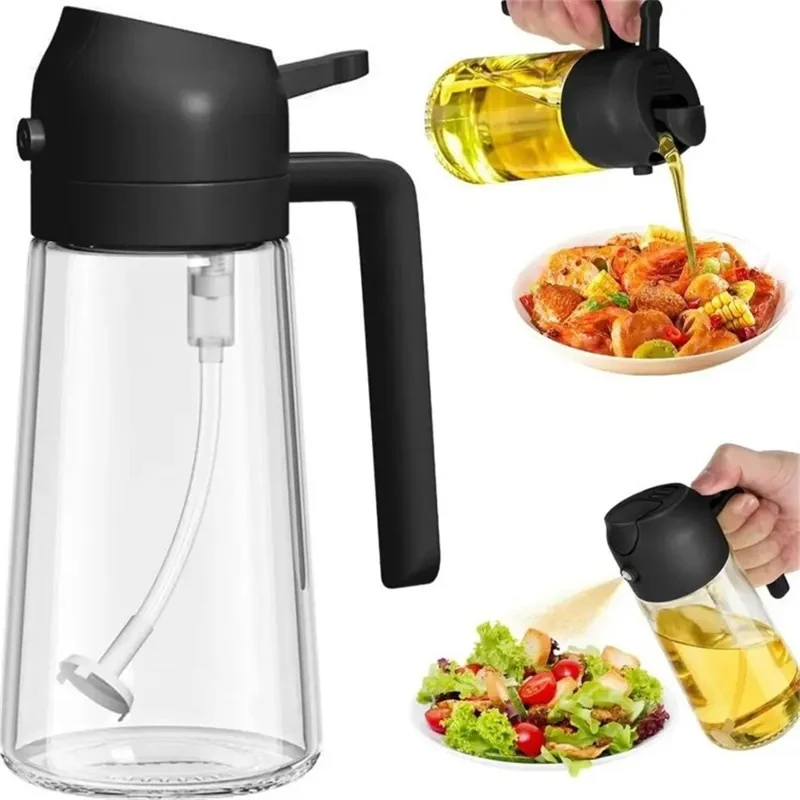 500ml 2 in 1 Heat Resistant Glass Oil Sprayer Leak Proof Press Type Oil Dispenser Bottle for Kitchen (BPA Free, No FDA) - Black