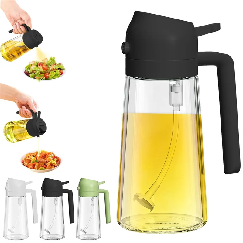 500ml 2 in 1 Heat Resistant Glass Oil Sprayer Leak Proof Press Type Oil Dispenser Bottle for Kitchen (BPA Free, No FDA) - Black