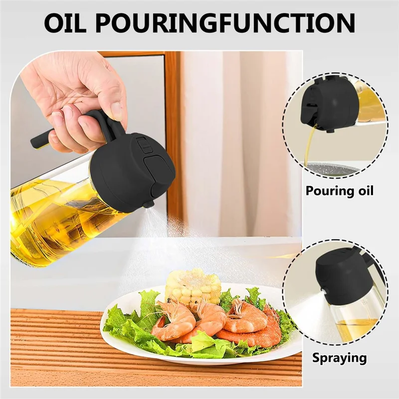 500ml 2 in 1 Heat Resistant Glass Oil Sprayer Leak Proof Press Type Oil Dispenser Bottle for Kitchen (BPA Free, No FDA) - Black