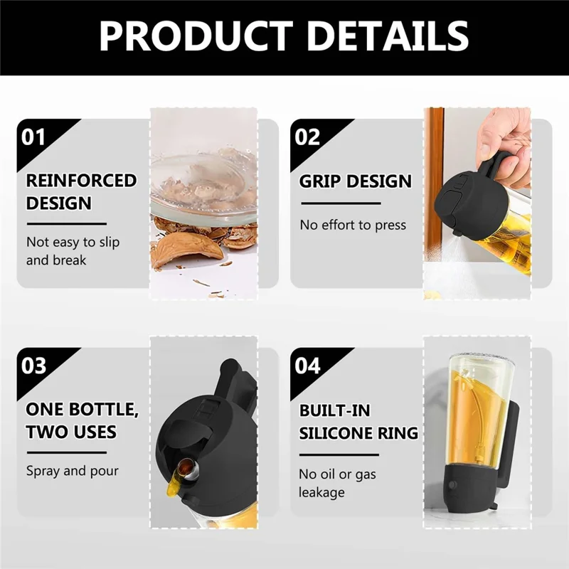 500ml 2 in 1 Heat Resistant Glass Oil Sprayer Leak Proof Press Type Oil Dispenser Bottle for Kitchen (BPA Free, No FDA) - Black