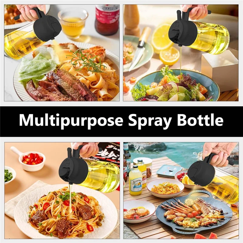 500ml 2 in 1 Heat Resistant Glass Oil Sprayer Leak Proof Press Type Oil Dispenser Bottle for Kitchen (BPA Free, No FDA) - Black