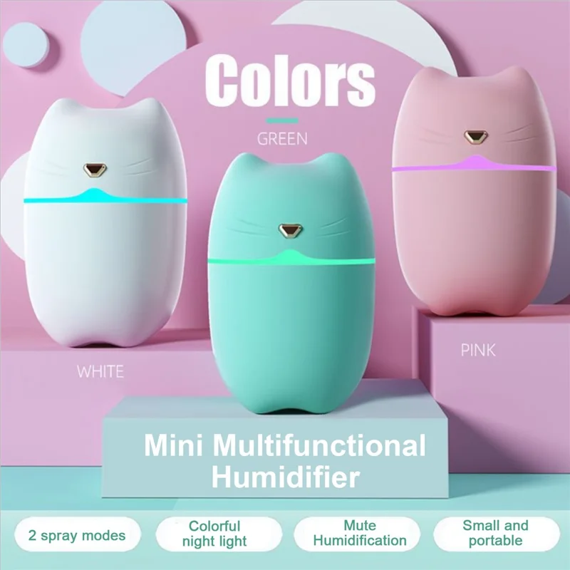 A6 260ml Mini Air Humidifier USB Cute Cat Silent Atomizer Soft Light Air Purifier Portable Cool Mist Maker Fog Sprayer with Colorful Night Light - Pink
