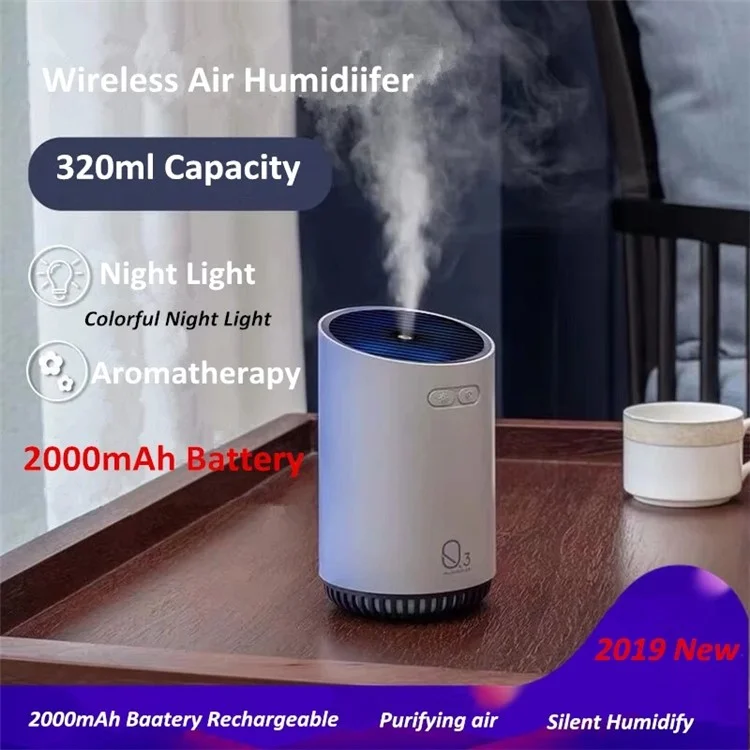 Q3 320ml Mini Wireless Air Humidifier Portable Cordless Aroma Diffuser Aromatherapy Humidifier with Colorful Lights for Bedroom Living Room Office - White