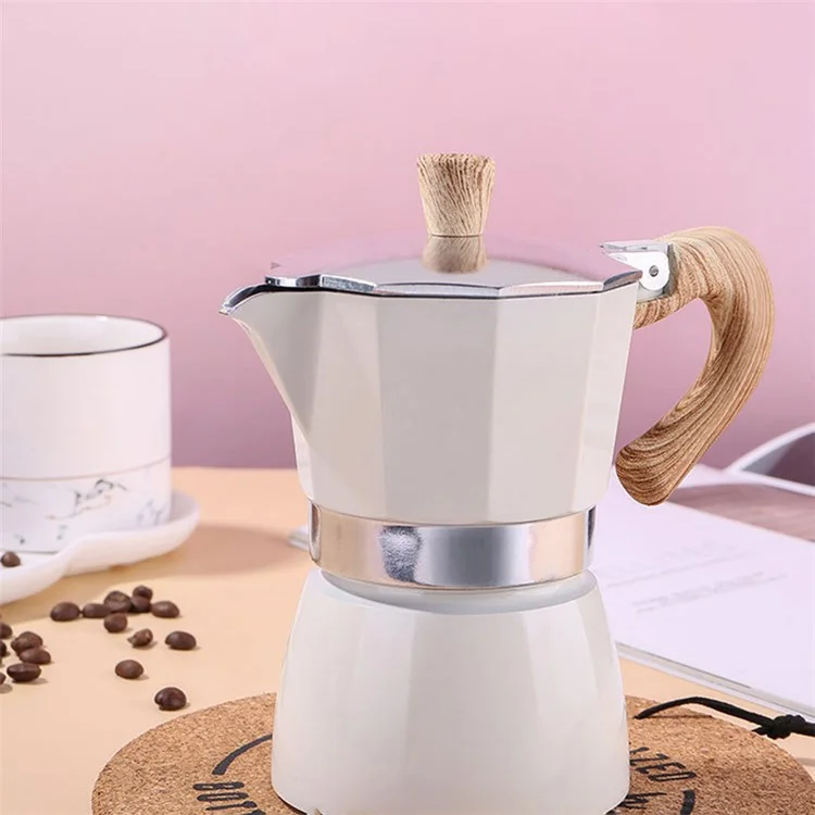 150ml Moka Espresso Percolator Pot Casalinga Italiana Caffè Stovetop Caffettiera in Alluminio Pentola da Caffè per Tre Persone (No FDA, senza BPA) - Bianca