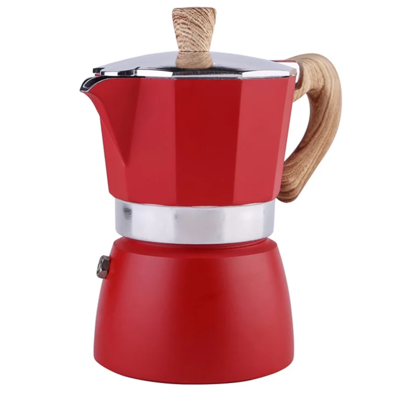 150ml Italian Mocha Espresso Percolator Pot Home Stovetop Coffee Maker Aluminum Moka Pot Kitchen Coffee Making Tool for Three People (No FDA, BPA-free) - Red