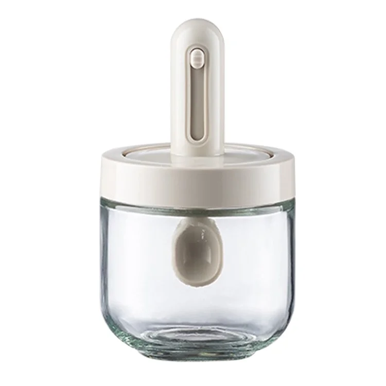AAB020 Kitchen Glass Seasoning Box Retractable Spoon Spice Jar with Lid Leak Proof Salt Pepper Storage Container (BPA Free, No FDA Certificate) - White