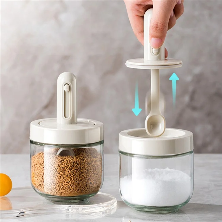 AAB020 Kitchen Glass Seasoning Box Retractable Spoon Spice Jar with Lid Leak Proof Salt Pepper Storage Container (BPA Free, No FDA Certificate) - White