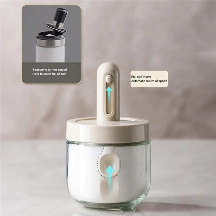 AAB020 Kitchen Glass Seasoning Box Retractable Spoon Spice Jar with Lid Leak Proof Salt Pepper Storage Container (BPA Free, No FDA Certificate) - White